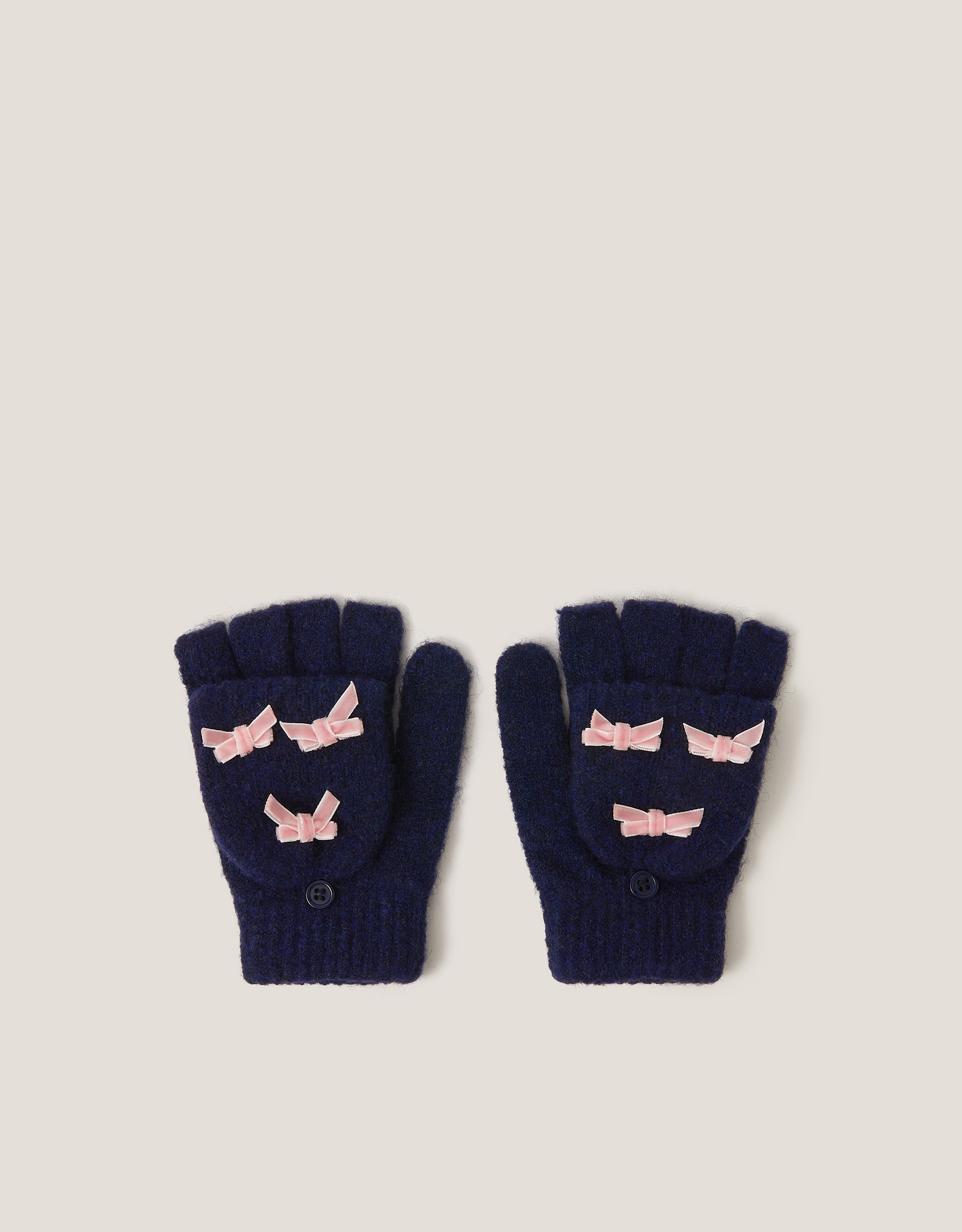 Bow Fingerless Gloves with Mittens Blue