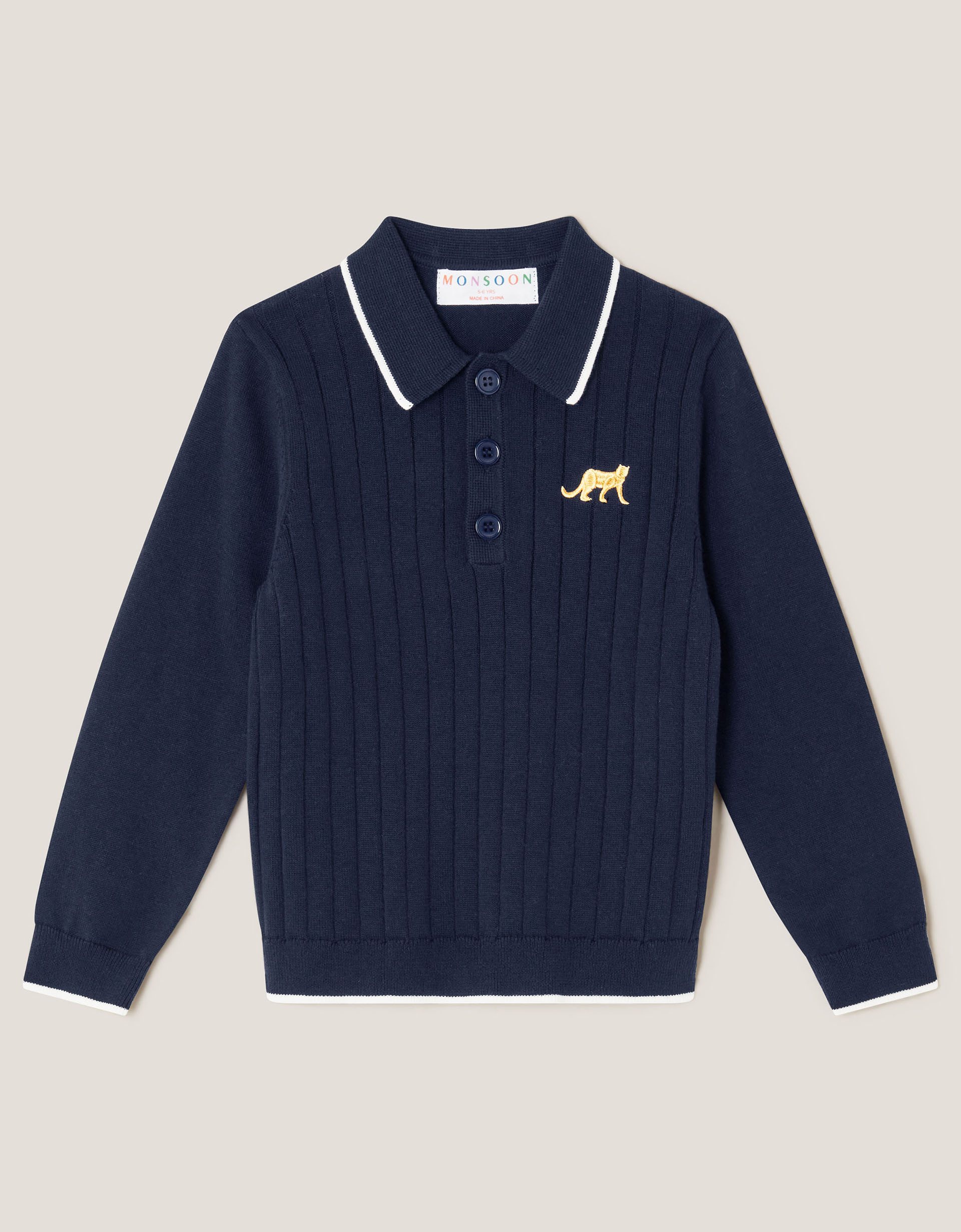 Ribbed Knit Polo Jumper Blue