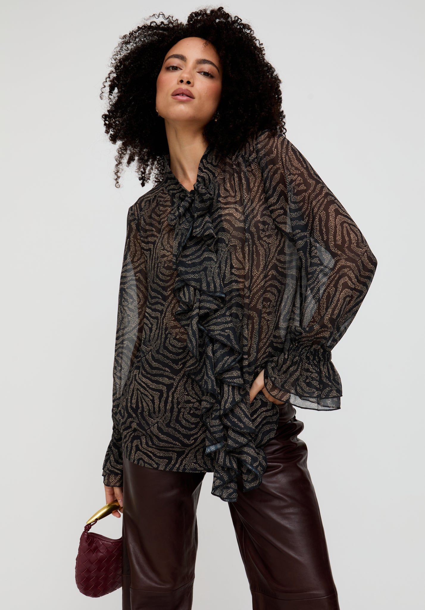 Zendaya Ruffle Detail Zebra Print Shirt In Black Zendaya Ruffle Detail Zebra Print Shirt In Black