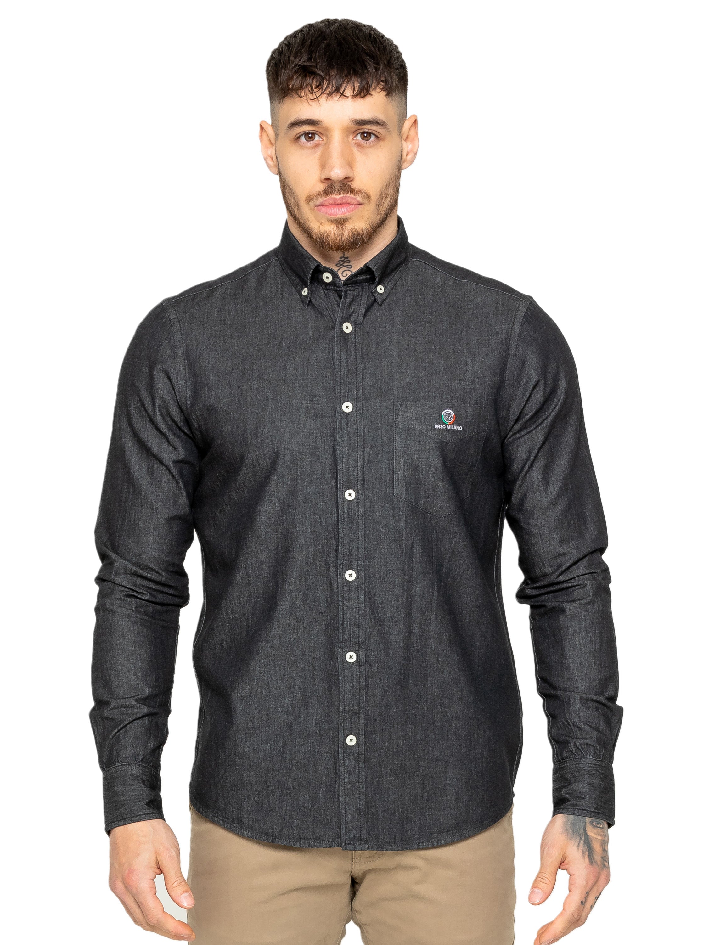 Men’s Regular Fit Denim Shirt – Long Sleeve, Button-Down Collar, Embroidered Logo, Indigo Cotton, Autumn Wear Men’s Regular Fit Denim Shirt – Long Sleeve, Button-Down Collar, Embroidered Logo, Indigo Cotton, Autumn Wear