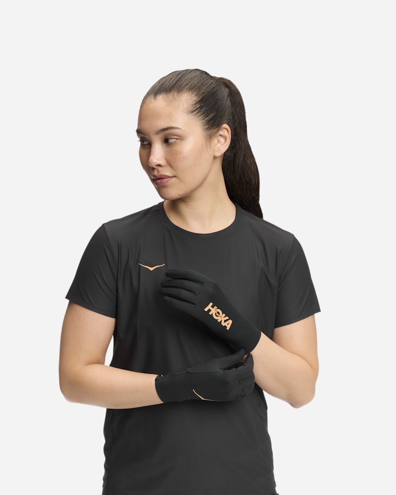 HOKA Airolite Run Gloves in BlackGold, Size Small