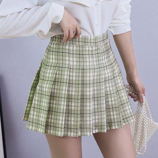 High Waist Pleated Plaid Skirt with Inset Shorts Yellowish Green High Waist Pleated Plaid Skirt with Inset Shorts Yellowish Green