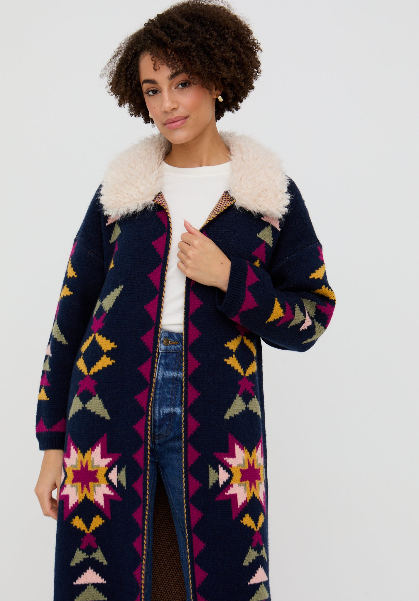 Cathy Jacquard Long Line Cardigan In Navy Cathy Jacquard Long Line Cardigan In Navy