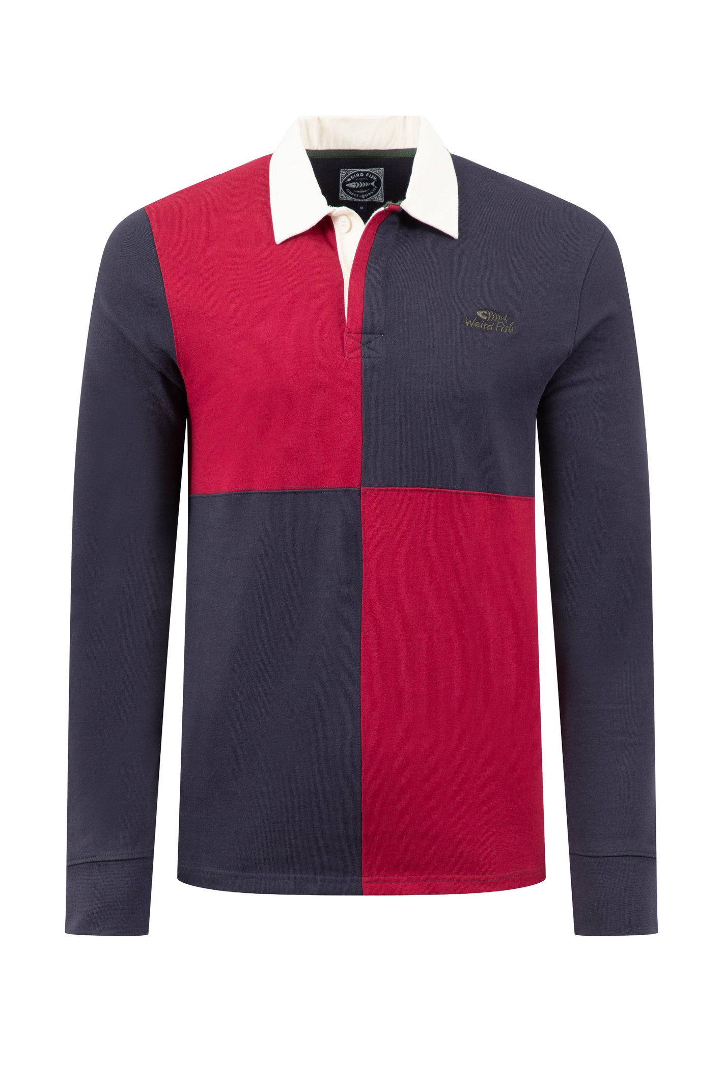 Weird Fish Lyon Organic Cotton Colour Block Rugby Shirt Garnet Size Weird Fish Lyon Organic Cotton Colour Block Rugby Shirt Garnet Size