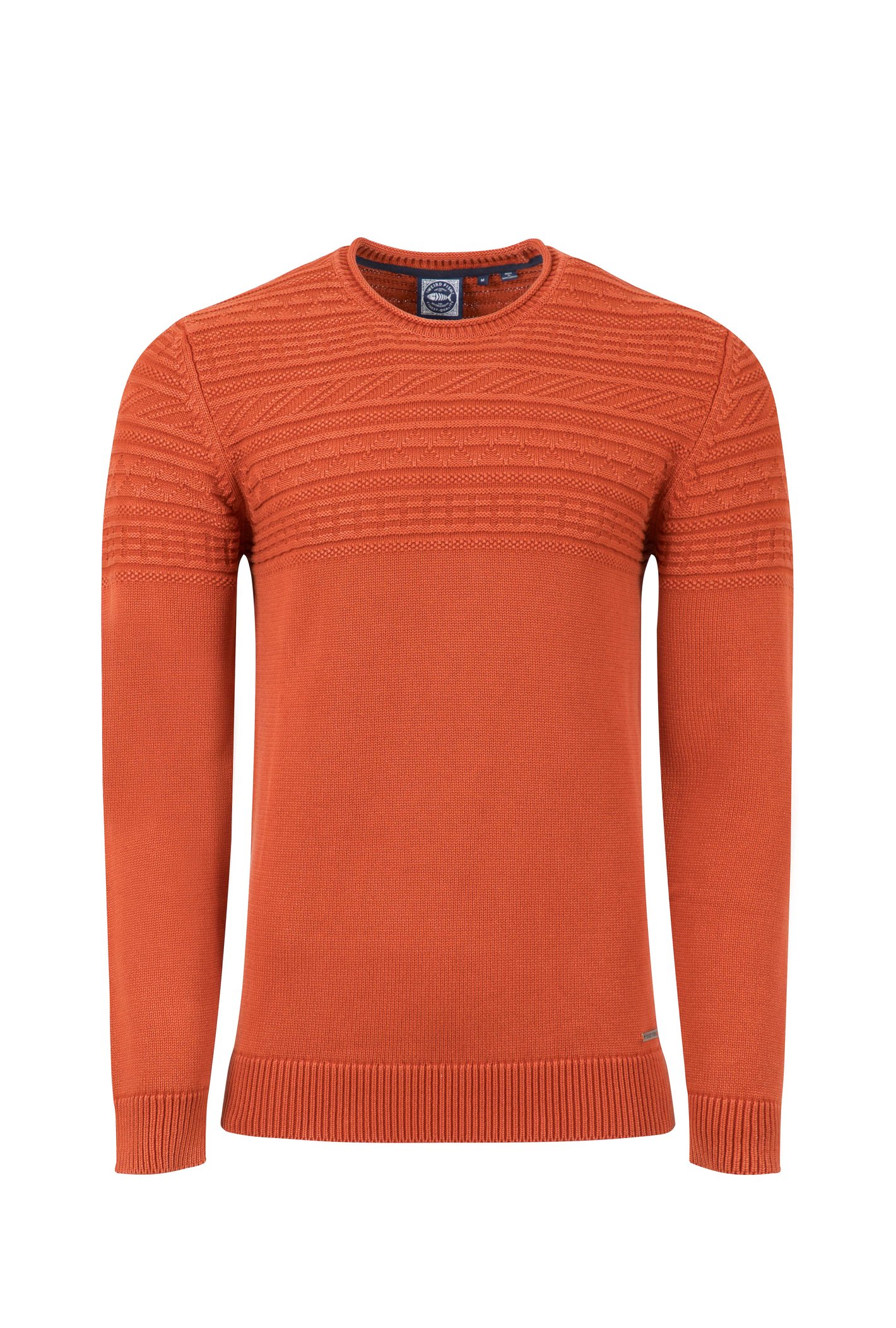 Weird Fish Fahri Mixed Stitch Crew Neck Jumper Rust Leaves Size Weird Fish Fahri Mixed Stitch Crew Neck Jumper Rust Leaves Size