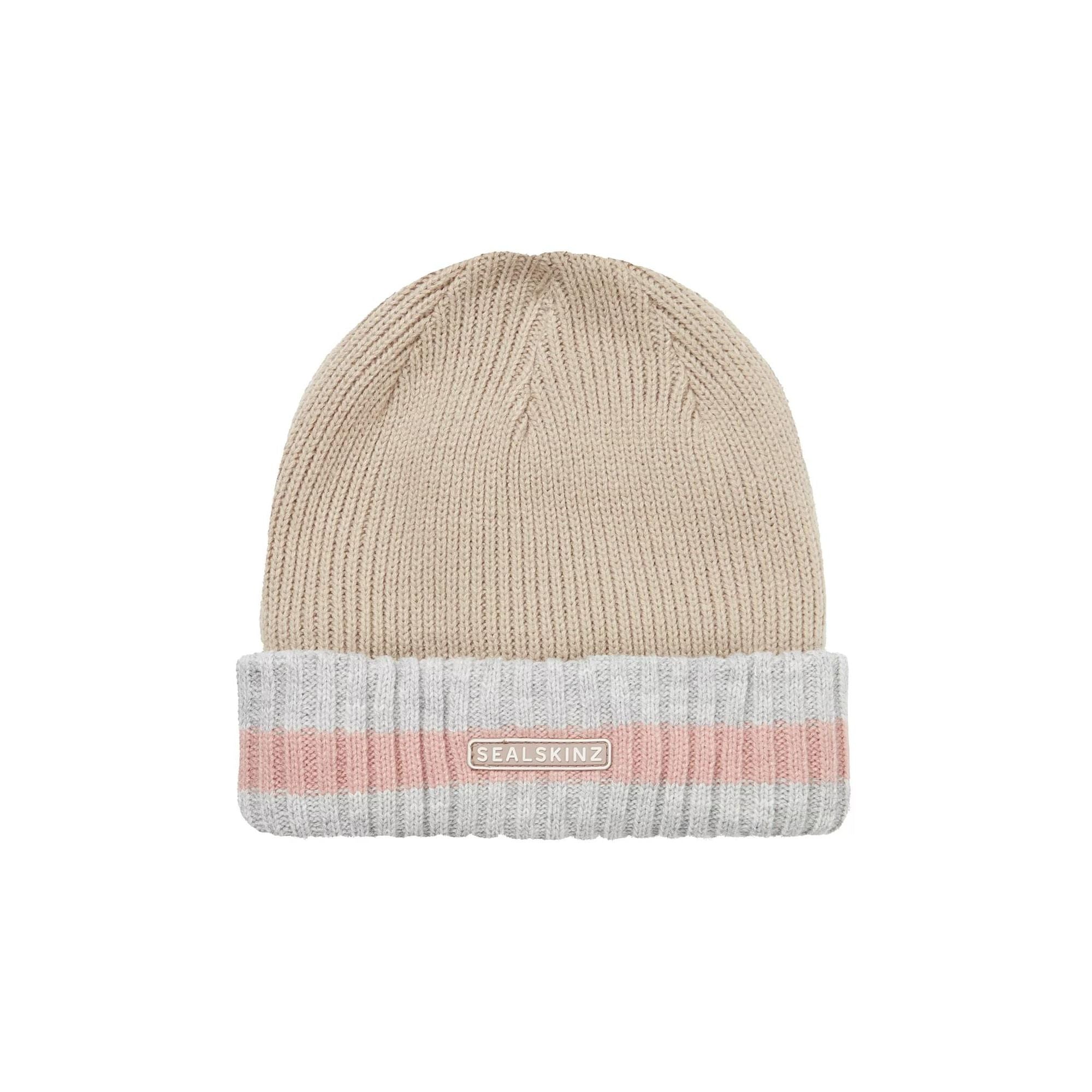 Mens & Ladies Waterproof Cold Weather Striped Roll Cuff Beanie Hat – S-M Brown Cream Pink Mens & Ladies Waterproof Cold Weather Striped Roll Cuff Beanie Hat – S-M Brown Cream Pink