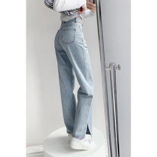 High-Waist Slit-Hem Straight Leg Jeans Light Blue High-Waist Slit-Hem Straight Leg Jeans Light Blue