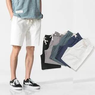 Plain Drawstring-Waist Linen Shorts Black Plain Drawstring-Waist Linen Shorts Black