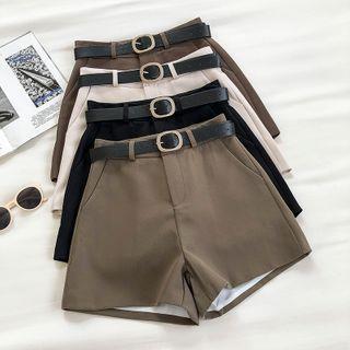 Plain High-Waist Shorts With Belt Coffee Plain High-Waist Shorts With Belt Coffee