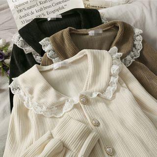 Lace-Trim Peter Pan Collar Pearl Button Corduroy Long-Sleeve Shirt Coffee Lace-Trim Peter Pan Collar Pearl Button Corduroy Long-Sleeve Shirt Coffee