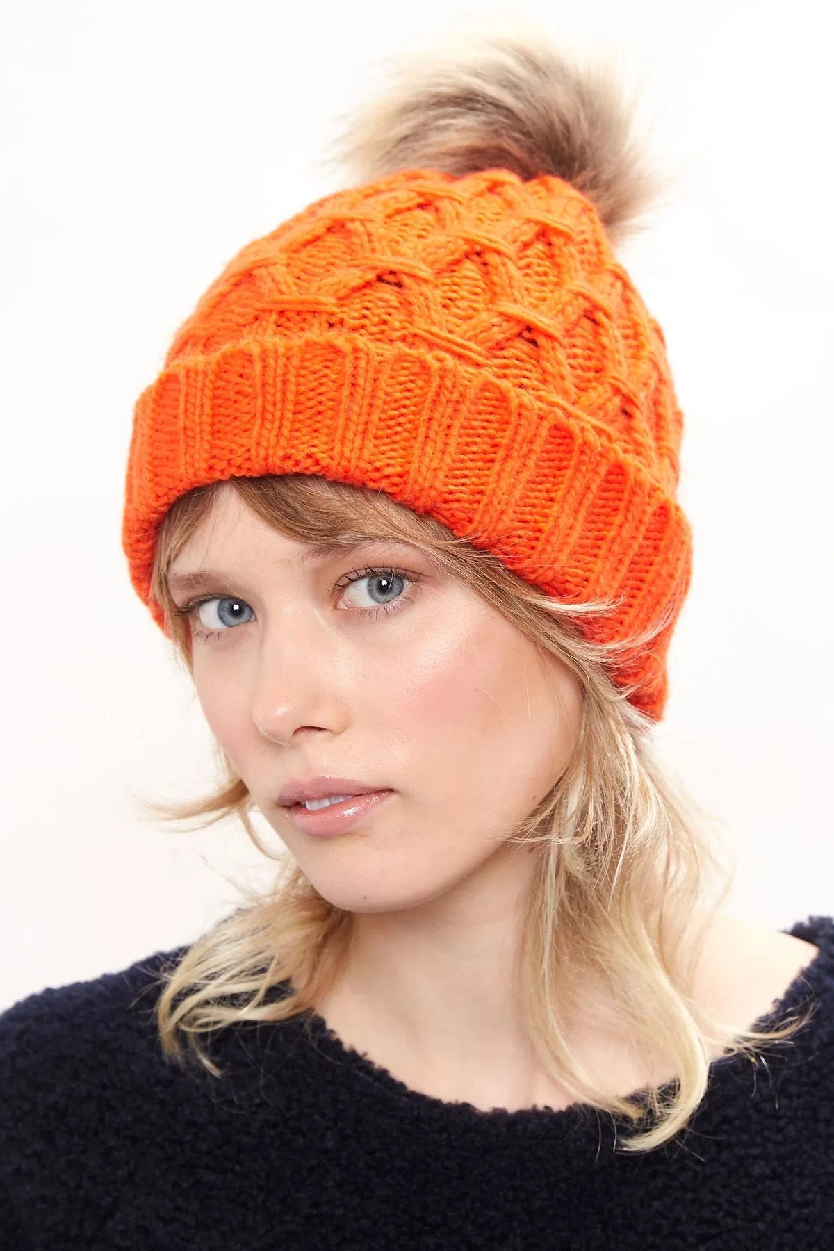 Louche Shauna Cable Knitted Beanie With Faux Fur Bobble Louche Shauna Cable Knitted Beanie With Faux Fur Bobble