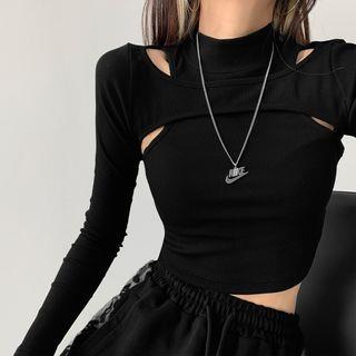 Long-Sleeve Mock Two-Piece Cropped Shirt White Long-Sleeve Mock Two-Piece Cropped Shirt White