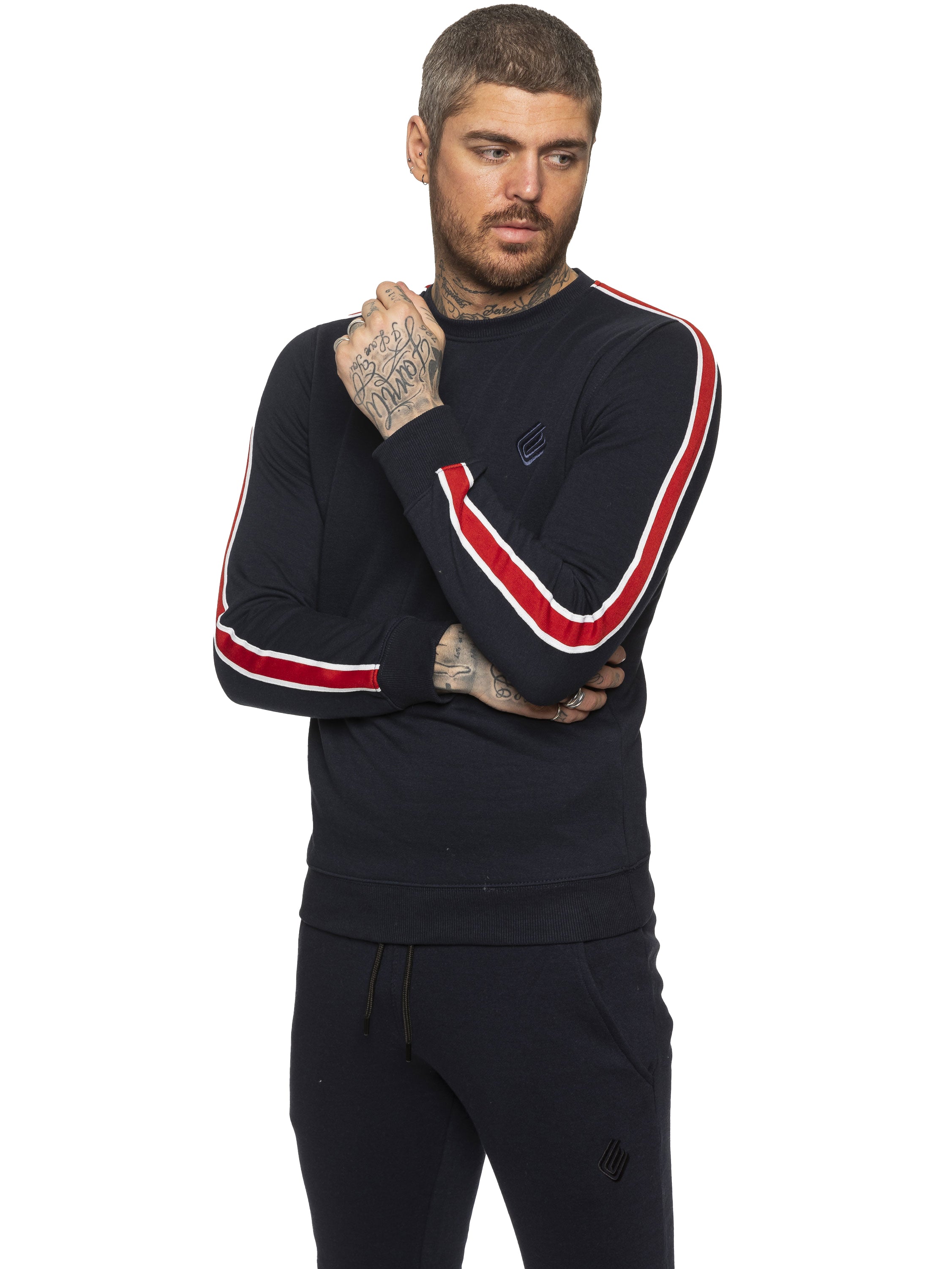 Mens Designer Crew Neck Sweatshirt – Navy Blue Fitted Long Sleeve with Striped Sleeves & Embroidered Logo