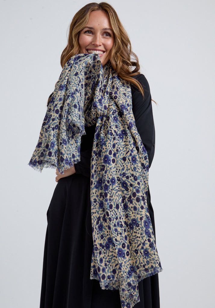 Karen Oversized Aster Floral Scarf In Blue Karen Oversized Aster Floral Scarf In Blue