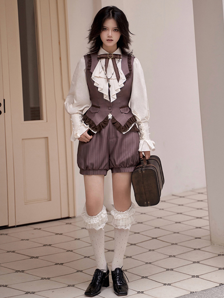 Gothic Lolita Outfits Deep Brown Ruffles Stripes Sleeveless Waistcoat Pants Gothic Lolita Outfits Deep Brown Ruffles Stripes Sleeveless Waistcoat Pants