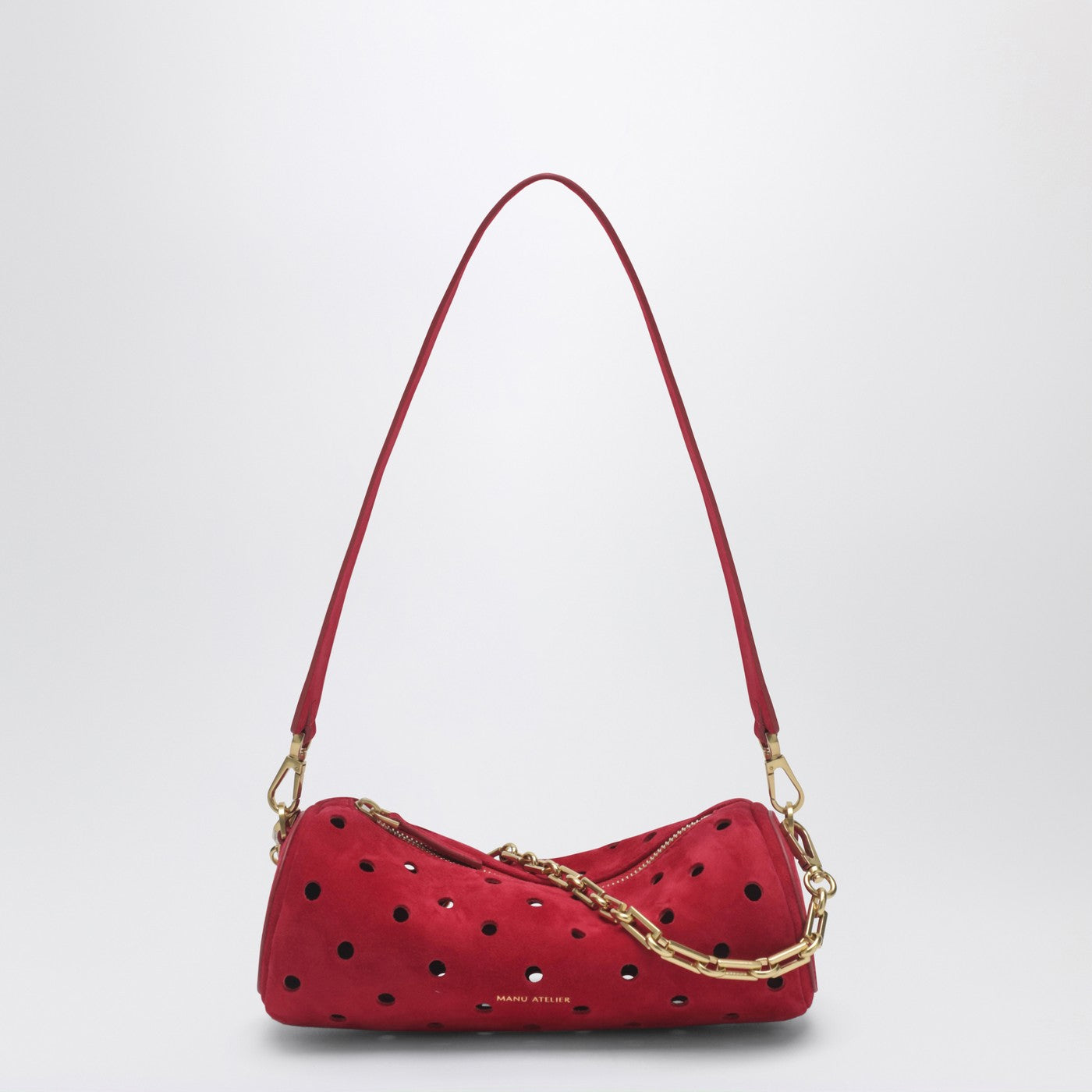 Mini Cylinder bag in perforated red suede Mini Cylinder bag in perforated red suede