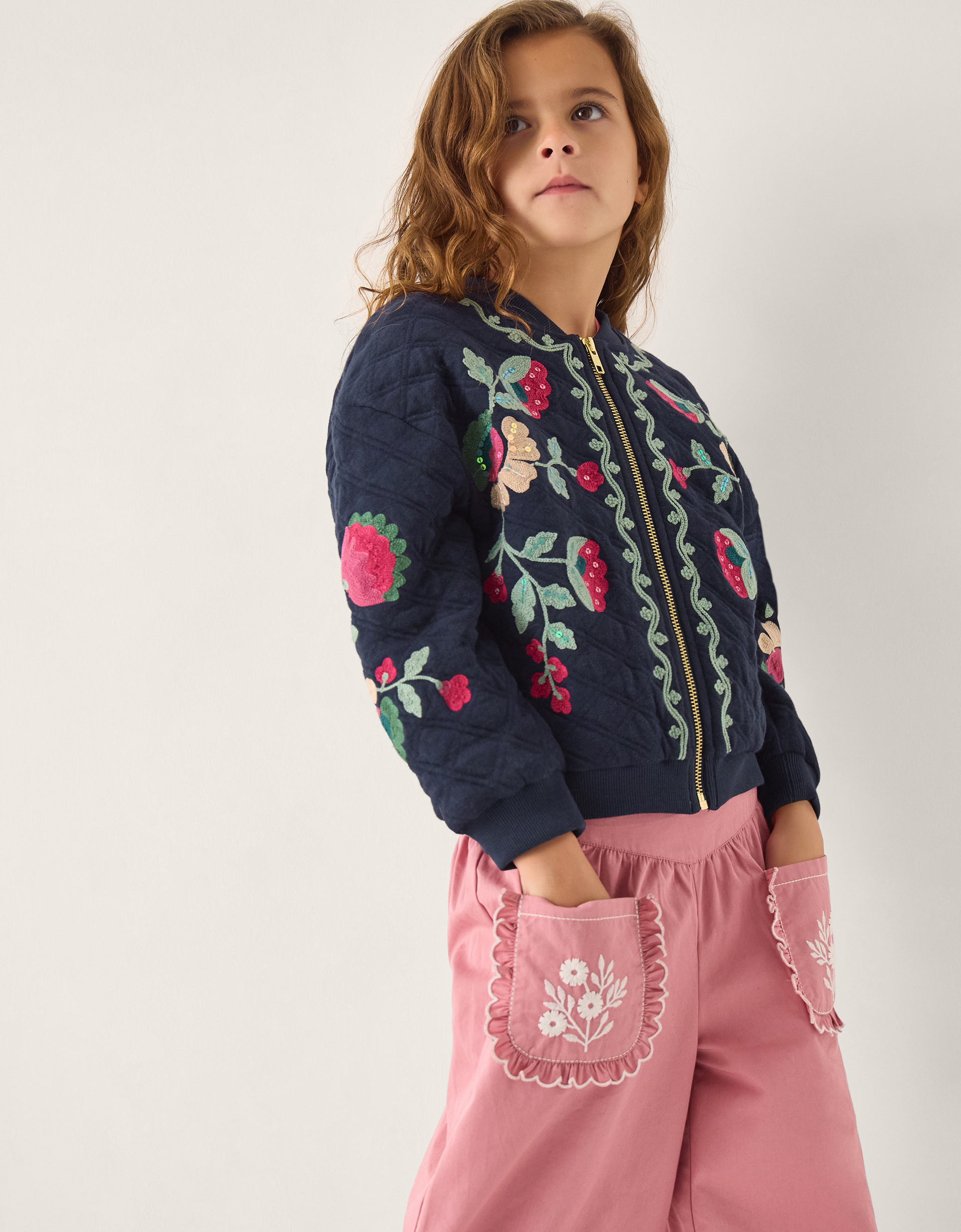Floral Embroidered Quilted Bomber Jacket Blue Floral Embroidered Quilted Bomber Jacket Blue
