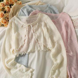 Tie-Neckline Lettuce Edge Sheer Knit Cardigan in Colors Black Tie-Neckline Lettuce Edge Sheer Knit Cardigan in Colors Black
