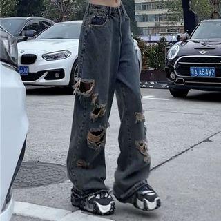 Low Rise Distressed Baggy Jeans Denim Blue Low Rise Distressed Baggy Jeans Denim Blue