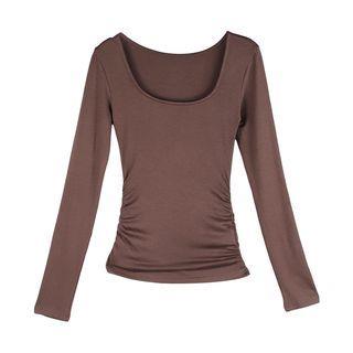 Long-Sleeve Scoop Neck Plain Slim Fit Shirt Brown Long-Sleeve Scoop Neck Plain Slim Fit Shirt Brown
