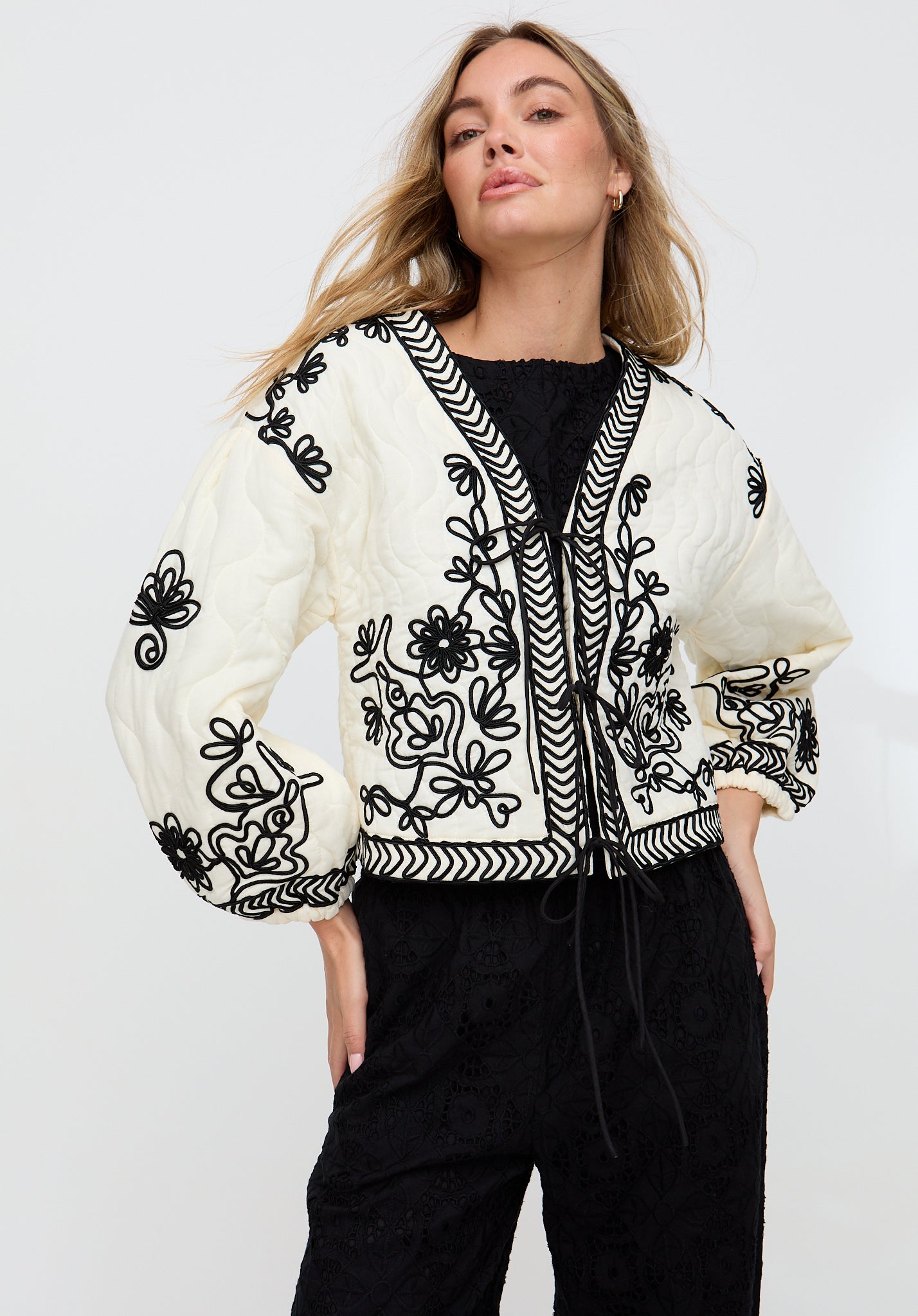 Fran Quilted All Over Embroidered Jacket In White Fran Quilted All Over Embroidered Jacket In White