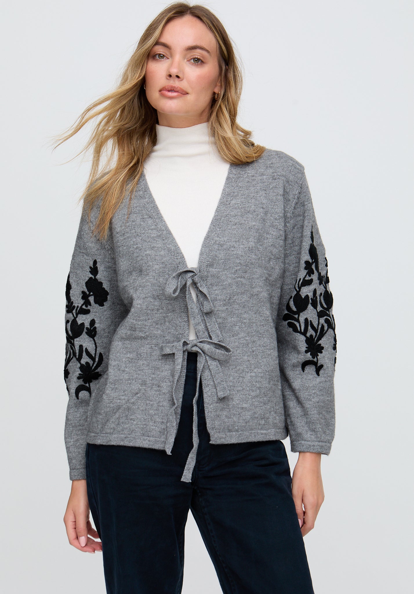 Lola Tie Front Embroidered Cardigan in Grey Lola Tie Front Embroidered Cardigan in Grey