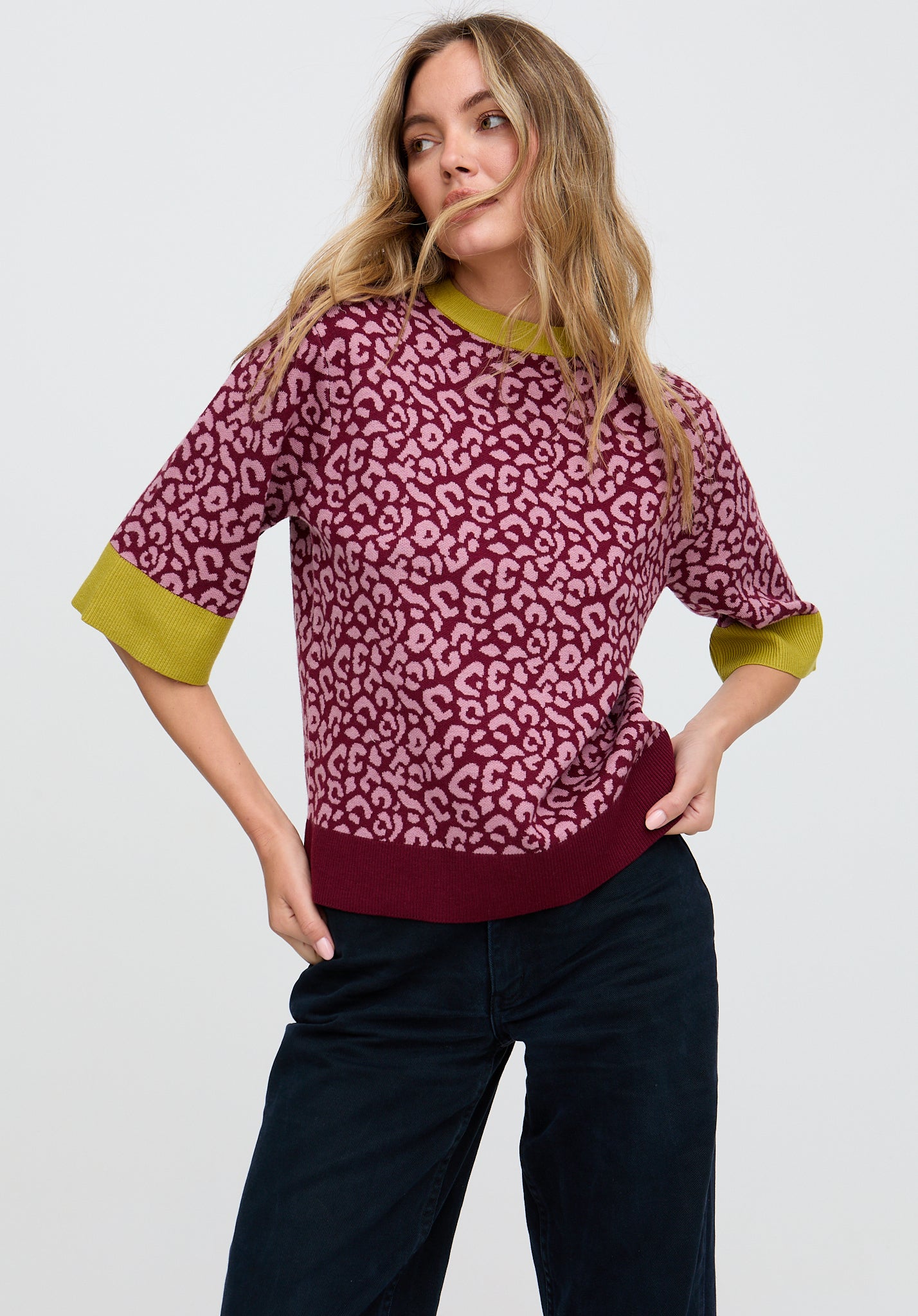 Daffodil Slouchy Animal Print Knitted shirt In Burgundy Daffodil Slouchy Animal Print Knitted shirt In Burgundy