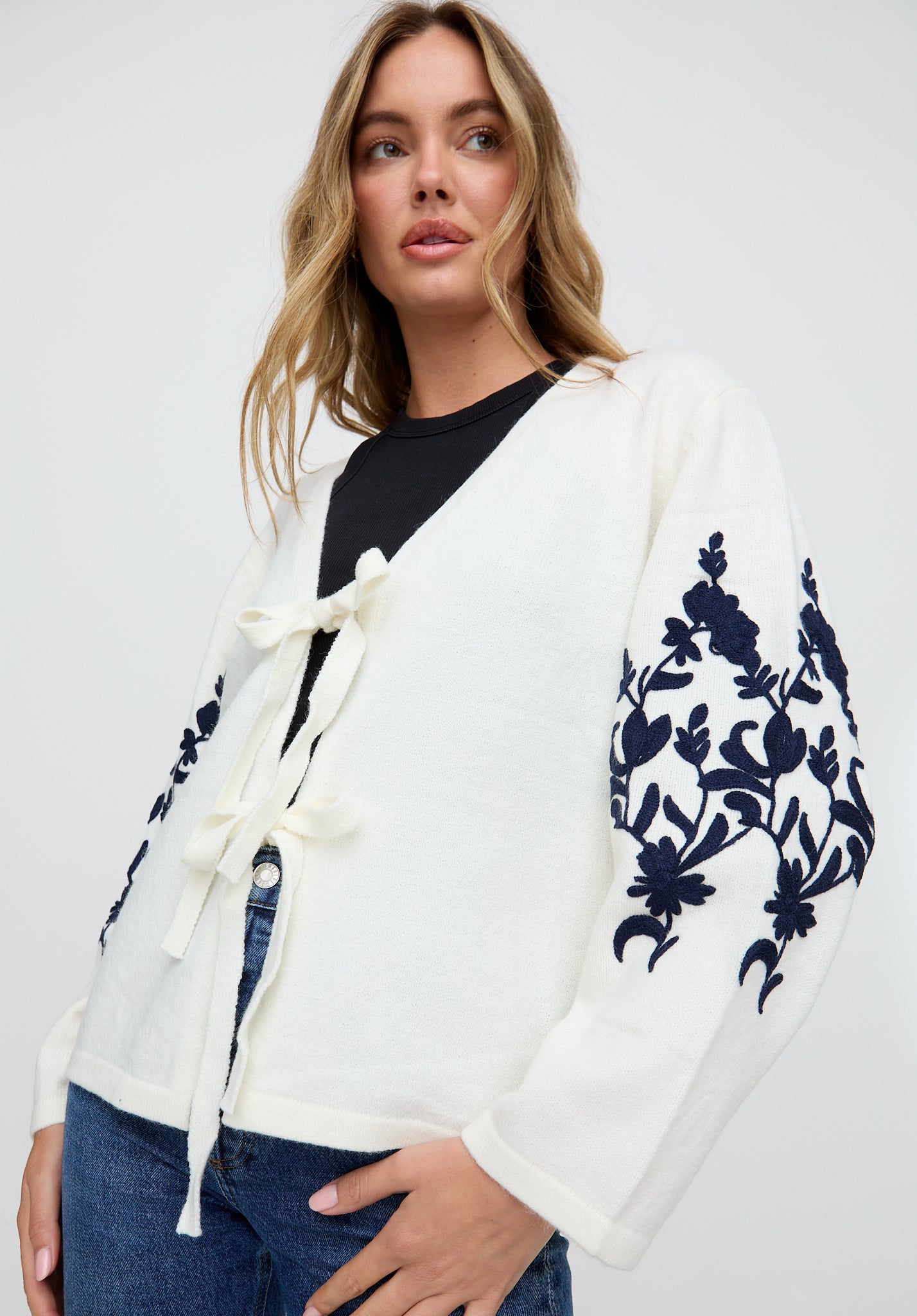 Lola Tie Front Embroidered Cardigan in Cream