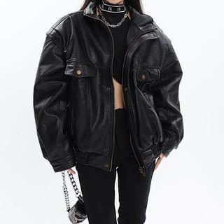 Stand Collar Plain Faux Leather Zip Puffer Bomber Jacket Black