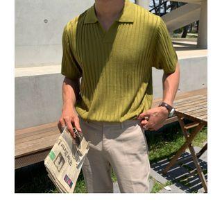 Short-Sleeve Plain Knit Ribbed Polo Shirt Green Short-Sleeve Plain Knit Ribbed Polo Shirt Green