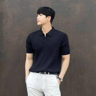 Short-Sleeve Plain Knit Ribbed Polo Shirt Black Short-Sleeve Plain Knit Ribbed Polo Shirt Black