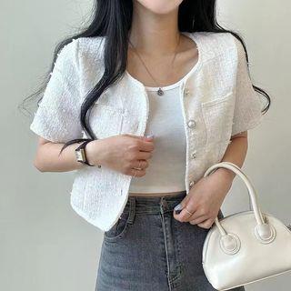 Short Sleeve Single Breasted Tweed Crop Blazer White