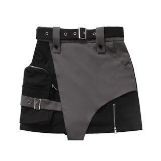 Short-Sleeve Color Block Belted Cutout Crop Tee Tank Top Stand Collar Zip Jacket High Waist Slit Midi Pencil Skirt Mini Skirt W – Mini Skirt – Black & Gray