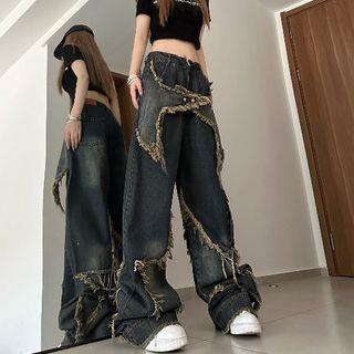 High Waist Fringed Wide Leg Jeans Blue High Waist Fringed Wide Leg Jeans Blue