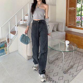 High Waist Washed Straight-Fit Wide-Leg Jeans Blackish Gray High Waist Washed Straight-Fit Wide-Leg Jeans Blackish Gray