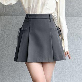 High Rise Plain Pleated Tie-Up Mini A-Line Skirt Gray High Rise Plain Pleated Tie-Up Mini A-Line Skirt Gray