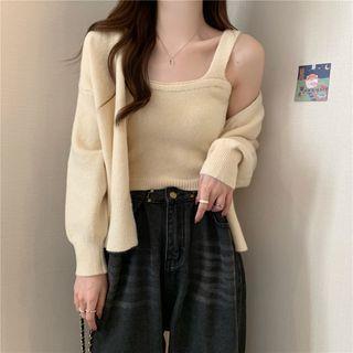 Set: Square Neck Plain Crop Knit Tank Top + V-Neck Cardigan Set Of – Tank Top & Cardigan – Milky Almond Set: Square Neck Plain Crop Knit Tank Top + V-Neck Cardigan Set Of – Tank Top & Cardigan – Milky Almond