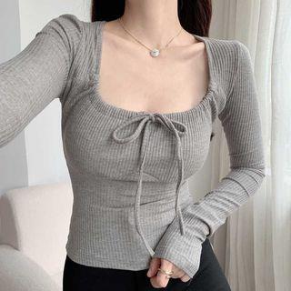 Long Sleeve Square-Neck Tie-Front Slim-Fit Top Gray Long Sleeve Square-Neck Tie-Front Slim-Fit Top Gray