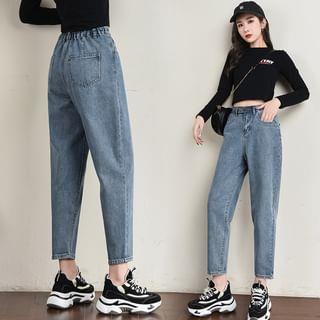 High Waist Washed Cropped Tapered Jeans Dark Grey High Waist Washed Cropped Tapered Jeans Dark Grey