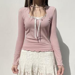 Long Sleeve Lace Panel Lettuce Edge Ribbed Top Pink Long Sleeve Lace Panel Lettuce Edge Ribbed Top Pink