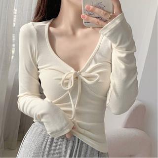 Long Sleeve V-Neck Plain Tie-Front Slim-Fit Tee Almond Long Sleeve V-Neck Plain Tie-Front Slim-Fit Tee Almond
