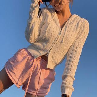 Plain Hood Cable Knit Zip Cardigan White Plain Hood Cable Knit Zip Cardigan White