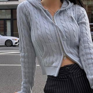 Plain Hood Cable Knit Zip Cardigan Blue Plain Hood Cable Knit Zip Cardigan Blue