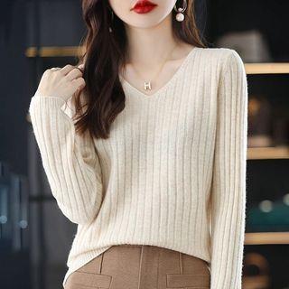 Long-Sleeve V-Neck Plain Ribbed Knit Top Almond Long-Sleeve V-Neck Plain Ribbed Knit Top Almond