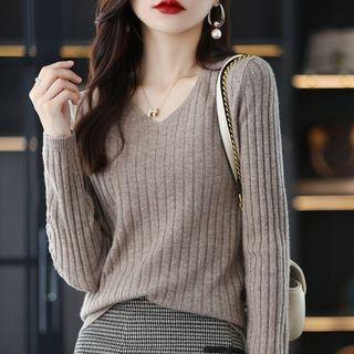Long-Sleeve V-Neck Plain Ribbed Knit Top Camel Long-Sleeve V-Neck Plain Ribbed Knit Top Camel