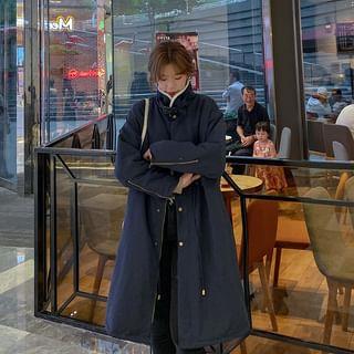 Stand Collar Plain Fleece-Lined Midi Zip Coat With Lining – Navy Blue Stand Collar Plain Fleece-Lined Midi Zip Coat With Lining – Navy Blue