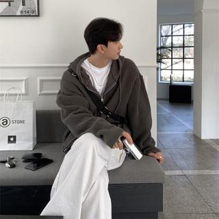 Plain Ribbed Zip-Up Knit Hoodie Dark Gray