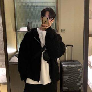 Plain Ribbed Zip-Up Knit Hoodie Black