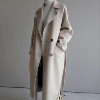 Lapel Collar Plain Tie Waist Double-Breasted Long Trench Coat Off-White Lapel Collar Plain Tie Waist Double-Breasted Long Trench Coat Off-White