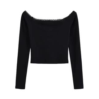 Long Sleeve Off-Shoulder Lace-Trim Plain Slim-Fit Crop Top Black Long Sleeve Off-Shoulder Lace-Trim Plain Slim-Fit Crop Top Black
